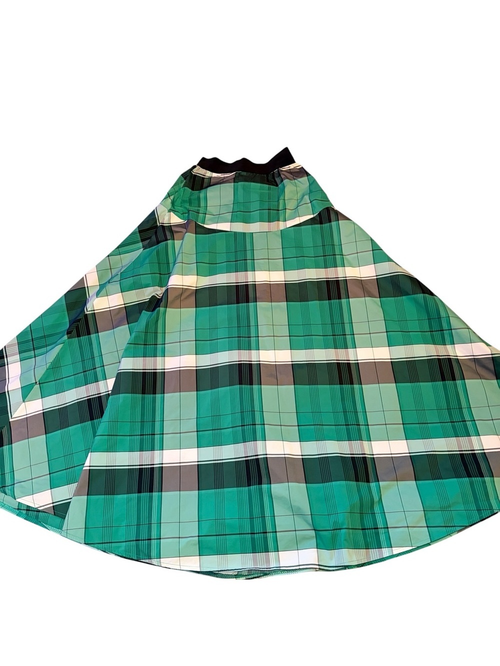 Green Plaid A-Line Italian Maxi Skirt with Elastic Waistband